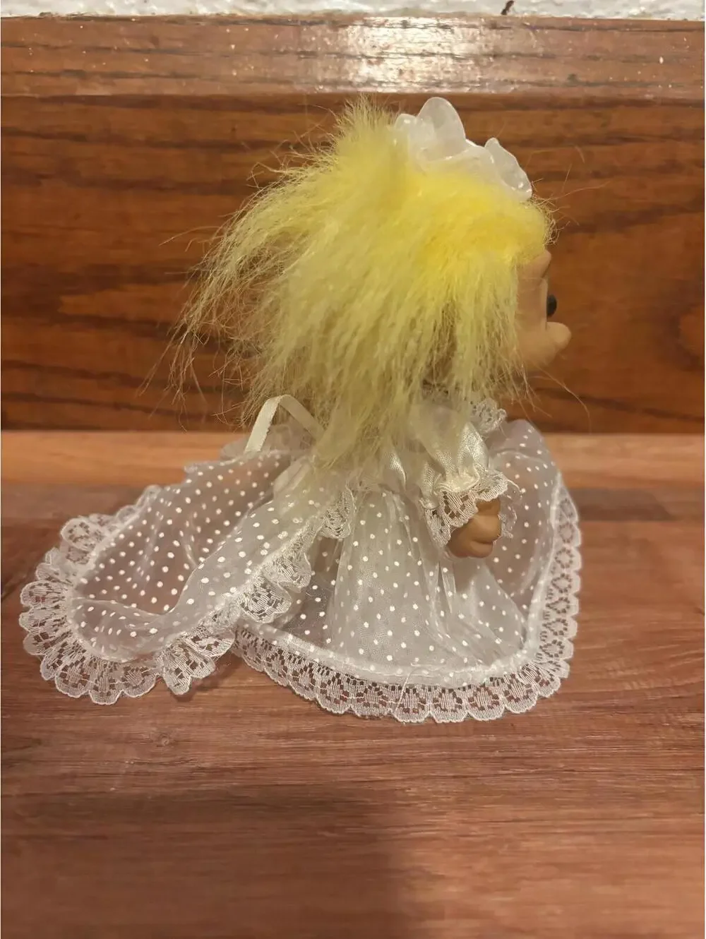 Troll Doll Vintage Bride Troll Yellow Hair Lace Wedding Dress with Trail 5”